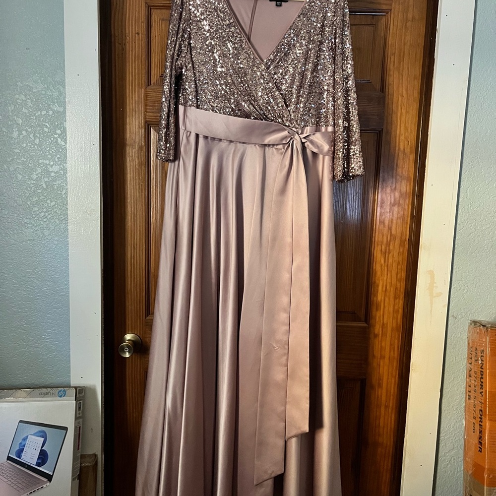 Xscape Rose Gold Sequin Long Sleeve Gown